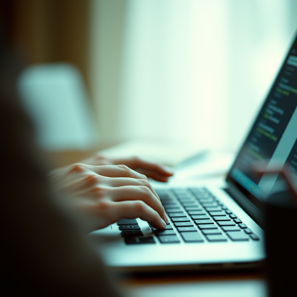 a person's hands typing an email on a laptop, muted colors